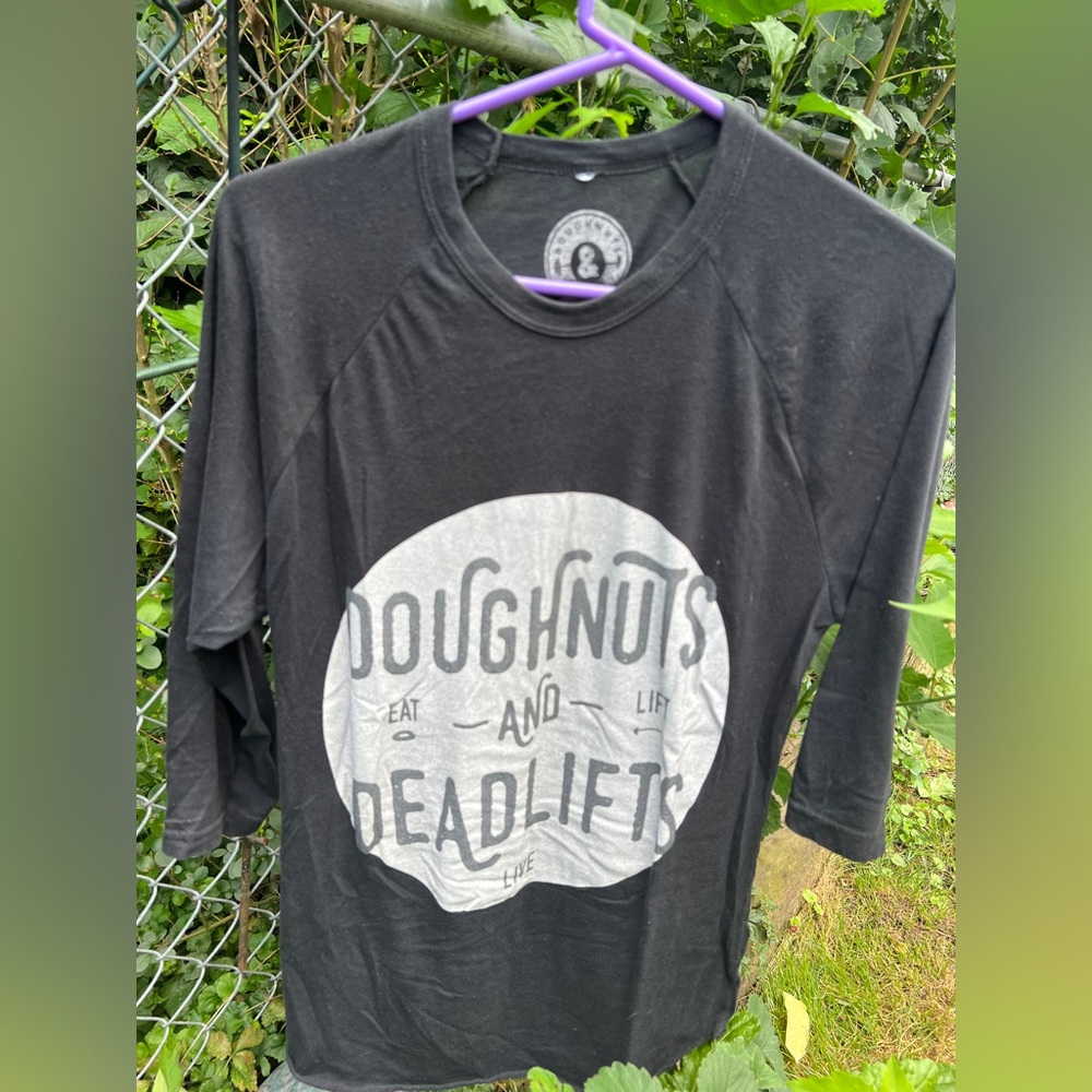 Doughnuts and deadlifts 3/4 sleeve shirt. Size Medium.